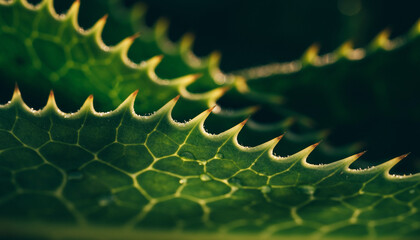 Close-up macro photograph capturing the detailed serrated edges and textured surface of a vibrant green succulent plant leaf, highlighting its natural geometric patterns and sharp, spiky protrusions