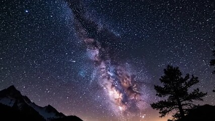 Dynamic movement of stars and galaxies, utilizing time lapse techniques to capture the Earth's rotation and the mesmerizing trails of stellar bodies. Static camera capturing star trails across the?