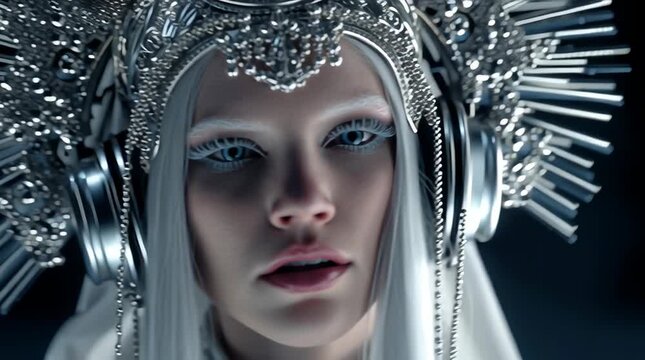 A long-haired albino woman in futuristic religious attire looks into the camera. She wears headphones and a headdress with intricate details and silver metallic accents. The image has high contrast. C