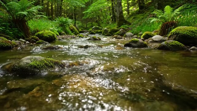 A gentle, sun dappled forest stream flowing over moss covered rocks and pebbles, creating a tranquil and continuous natural motion suitable for a looping background.