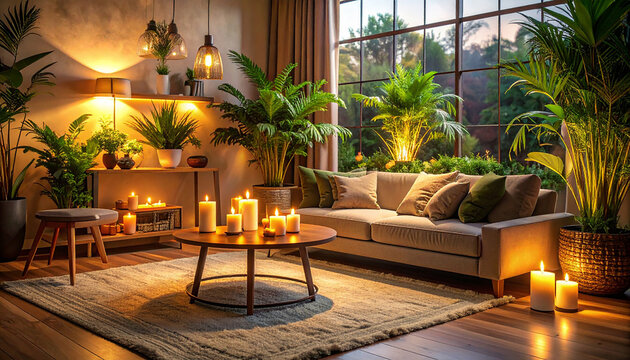 Cozy Living Room with Sofa, Plants, Candles, and Large Window with Natural Light Keywords: living room, interior