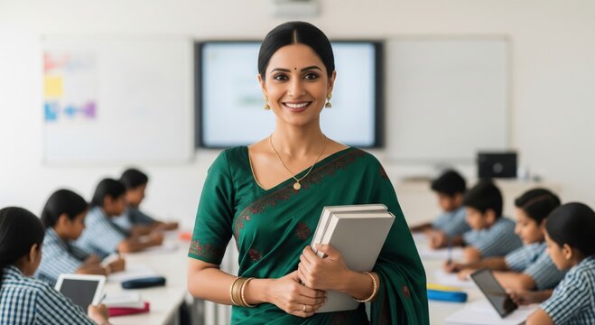 Confident Indian Teacher Smiling in Modern Classroom with Students