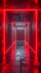 Illuminated futuristic corridor with red neon frames and textured walls