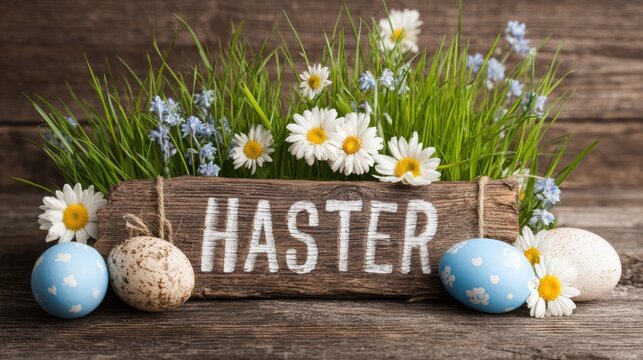 Rustic Easter Decoration with Flowers and Colorful Eggs on Wooden Background for Spring Celebration