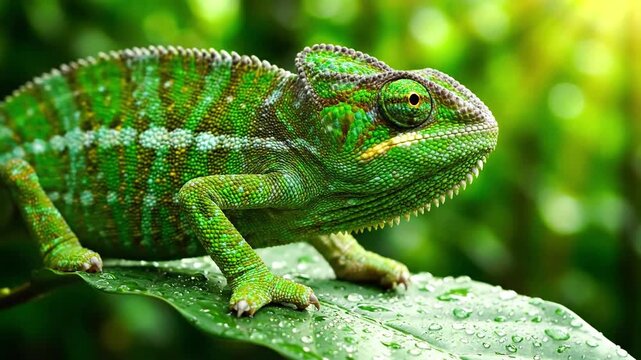 A vibrant chameleon slowly changing its skin coloration to perfectly match a lush, dew kissed tropical leaf, showcasing intricate patterns and textures.