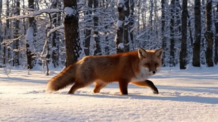A wild red fox navigating a snow covered forest during twilight, its breath visible, showcasing adaptation in a pristine winter landscape. wildlife photography