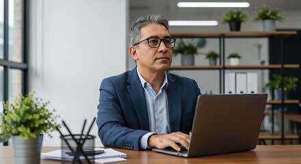 Man working on laptop at desk, wearing glasses, in office setting