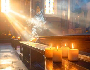 Interior church shot with sunlight streaming through stained glass, candles