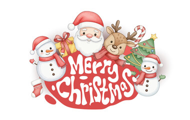 Merry Christmas Greeting Cards, Santa and snowman with gift box, Christmas tree watercolor characters with text 