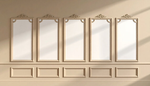 Five tall ornate gold-trimmed frames on a beige wall with decorative molding and sunlight - Powered by Adobe