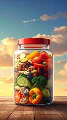 Jar of mixed fresh vegetables, fruits, and nuts against a sky