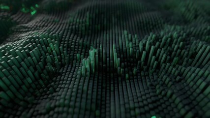 Dynamic abstract digital landscape with glowing green pillars, representing data processing, sound visualization, or a futuristic tech environment. - Powered by Adobe