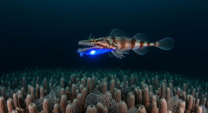 Fangtooth fish swimming above coral reef in deep ocean with blue light fascinating underwater life