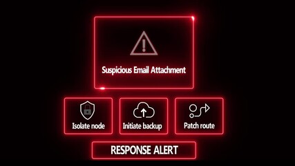 Suspicious Email Attachment response notification on digital interface in data center server room with isolate node initiate backup patch route options. glowing neon lights cybersecurity warning - Powered by Adobe