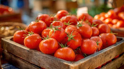tray. Close-up of a summer market tray filled with bright red tomatoes, evoking freshness and abundance. menu design, packaging mockups, designed for culinary blogs and recipe cards for restaurants.