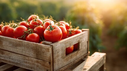 tray. Close-up of a summer market tray filled with bright red tomatoes, evoking freshness and abundance. menu design, packaging mockups, designed for culinary blogs and recipe cards for restaurants.