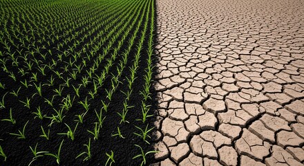 A conceptual image illustrating the stark contrast between a thriving green agricultural field and a parched, cracked earth symbolizing the effects of climate change and drought