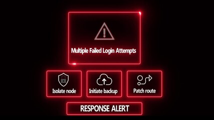 Multiple Failed Login Attempts response notification on digital interface in data center server room with isolate node initiate backup patch route options. glowing neon lights cybersecurity hacking