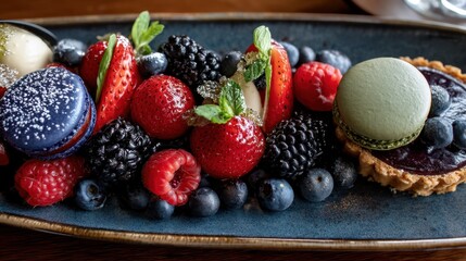 Colorful Platter of Fresh Berries and Macarons with Tart on Rustic Table Setting