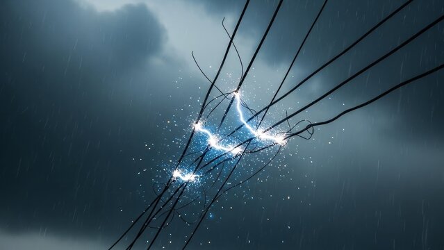 Electrical storm with lightning striking power lines.