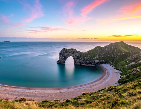 Scenic shot of coastal cliff with natural arch under colorful sunrise - Powered by Adobe