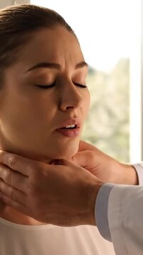 Doctor Palpating Woman's Thyroid Gland in Clinic Examination Room Checkup for Health Assessment in Sunlight Diagnosing Symptoms of Goiter or Hashimoto's Disease Medical Consultation