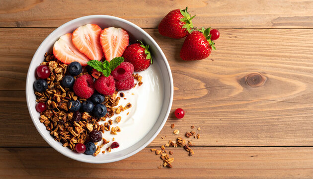 Healthy Granola Bowl with Yogurt and Fresh Berries on Wooden Table strawberries blueberries