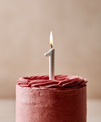Minimalist burgundy cake with smooth frosting, topped with a single silver number &lsquo;1&rsquo; candle that is lit. Soft pastel background, clean studio lighting, airy and elegant mood. 