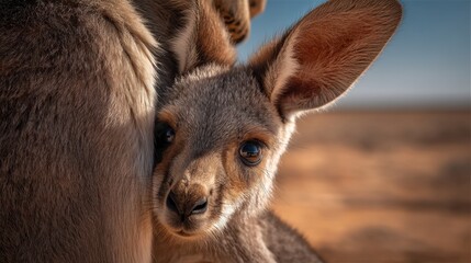Fototapeta premium Sweet Young Kangaroo Hiding Behind Its Mother in Australian Outback with Clear Blue Sky and Desert Landscape in Background