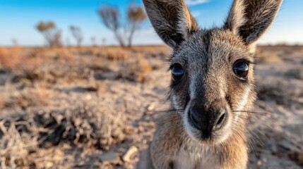 Fototapeta premium Close-Up of a Young Wallaby in a Desert Landscape Under Clear Blue Skies with Soft Natural Light and Soft Shadows