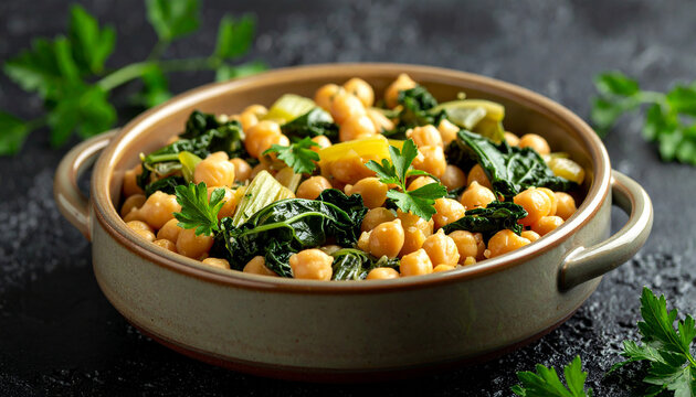 Hearty Chickpea and Greens Stew in a Rustic Bowl with Parsley Garnish chickpeas kale