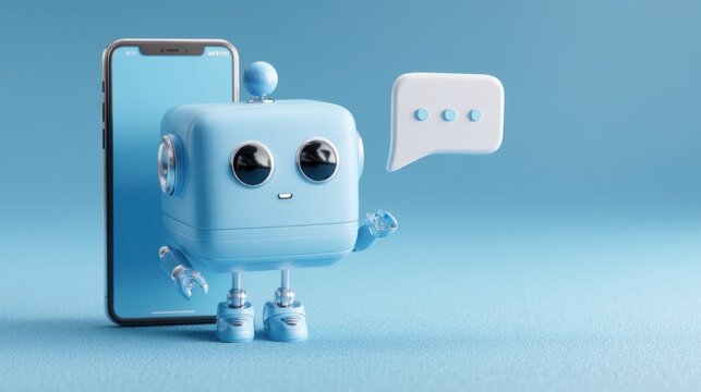 Cute blue robot character with smartphone displaying chat bubbles on blue background for technology and communication concepts