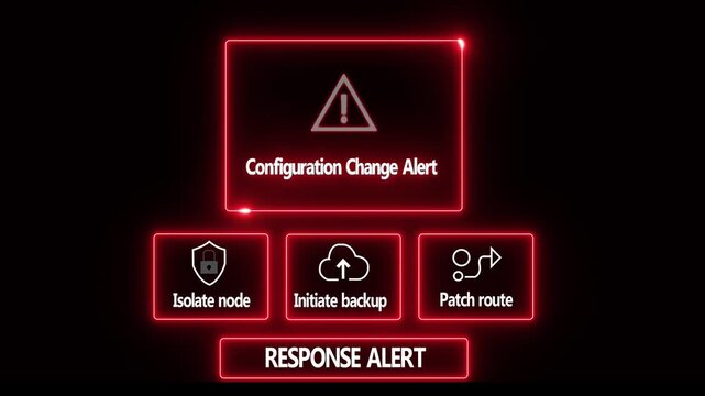 Configuration Change Alert response notification on digital interface in data center server room with isolate node initiate backup patch route options. glowing neon lights cybersecurity warning