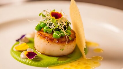 Exquisite seared scallop dish garnished with microgreens edible flowers and pea puree a culinary masterpiece of fine dining experience