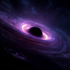 photorealistic black hole in space, purple and black colors.
