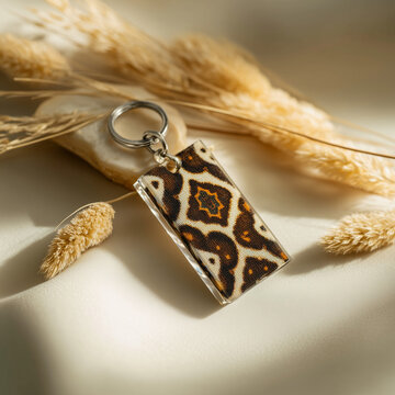 Indonesian key chain, miniature batik with parang motif in dark brown and cream on a transparent acrylic hanger, placed on a light cream colored surface, ai generated images.