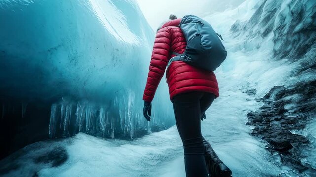Exploring the icy depths: A lone adventurer navigates through a stunning frozen cave landscape,