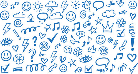 Playful blue hand-drawn doodle icon pattern on white background
