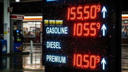 Gasoline and Diesel Prices Displayed at a Gas Station at Night.