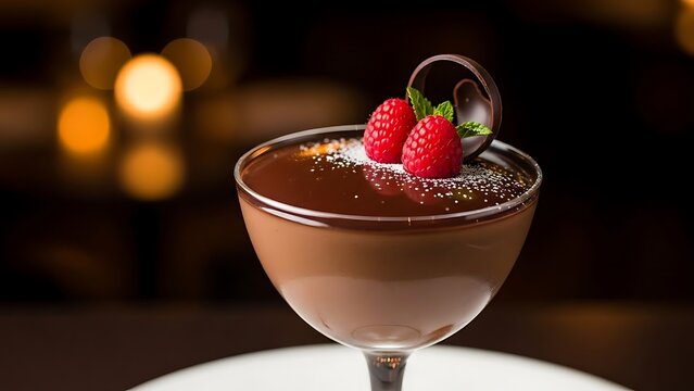 Decadent chocolate mousse served in elegant glass garnished with fresh raspberries and chocolate curl sweet indulgence dessert treat