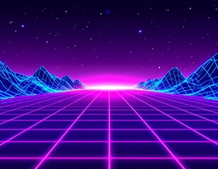 Futuristic digital landscape with neon grid, mountain, and star background