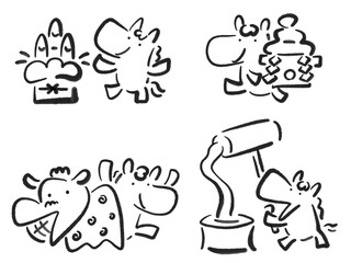 筆絵の日本の正月の縁起物とかわいい馬キャラクターのモノクロセット　鏡餅・門松・獅子舞・餅つき