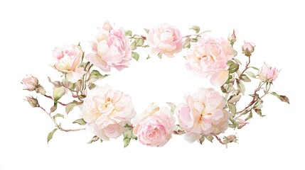 wreath. Watercolor wreath with pink roses, delicate floral frame on white background. gardening catalogs, home-decor guides, designed for home decor and floral branding, celebrates nature.