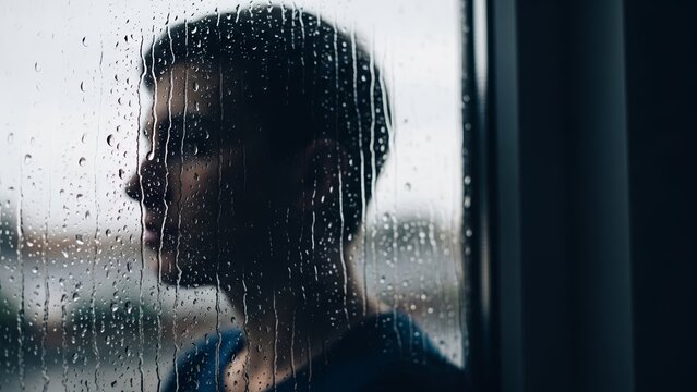 Man looking out a rainy window.