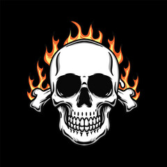 skull and crossbones with flame on black background