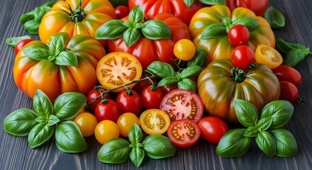 Vibrant Assortment of Fresh Heirloom and Cherry Tomatoes with Basil