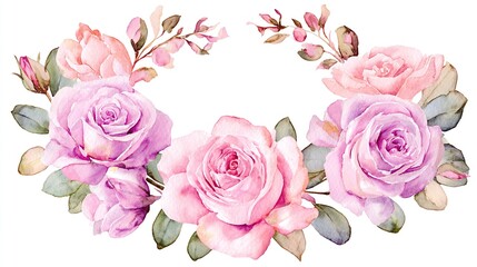 wreath. Watercolor wreath with pink roses, delicate floral frame on white background. gardening catalogs, home-decor guides, designed for home decor and floral branding, celebrates nature.