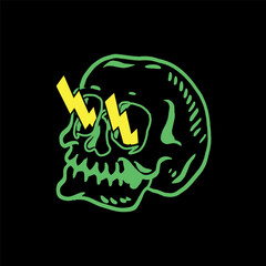 Neon skull with thunder bolt on black background
