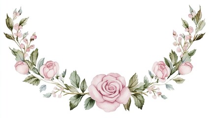 wreath. Watercolor wreath with pink roses, delicate floral frame on white background. gardening catalogs, home-decor guides, designed for home decor and floral branding, celebrates nature.