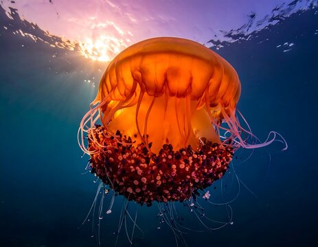 Large, orange jellyfish floats near surface with sunlight filtering down - Powered by Adobe